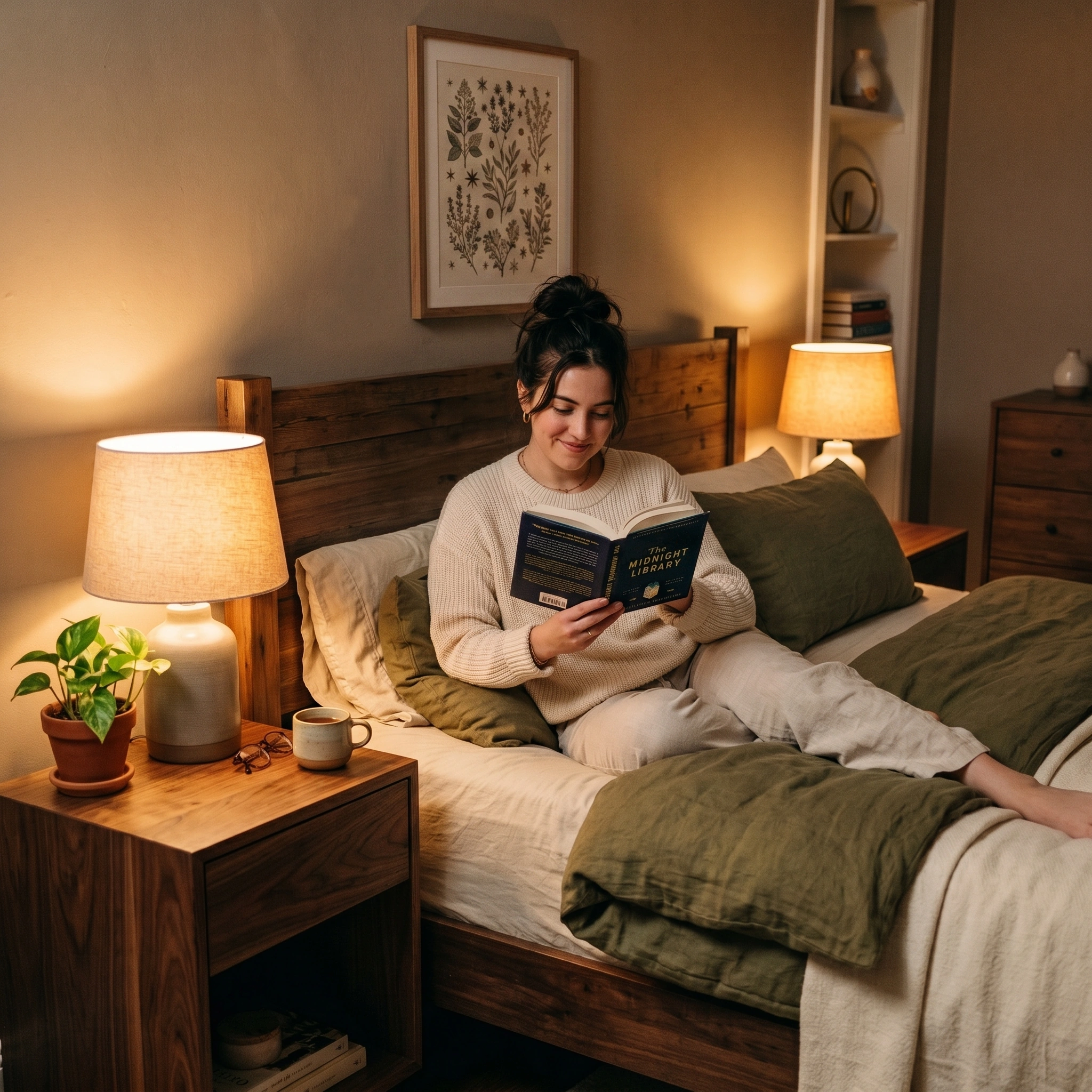 Woman reading in bed with ambient amber lighting